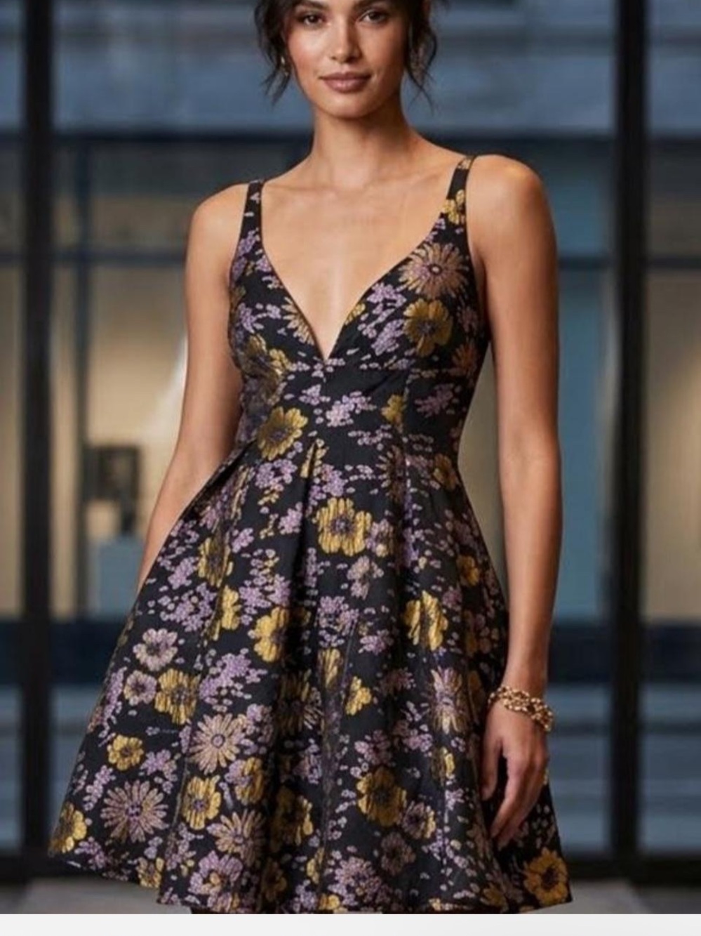 Anthropology Jacquard A-Line Mini Dress in Black Floral and Mustard 6P